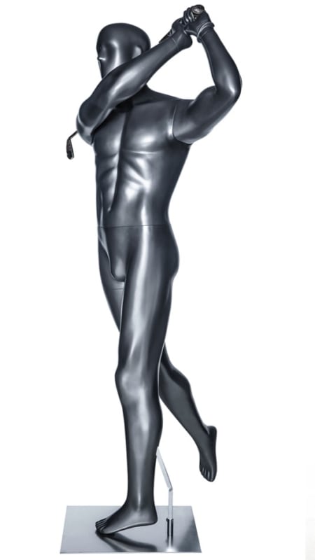 Glossy gray male golfer mannequin in follow through swing pose for golf apparel and sports retail display