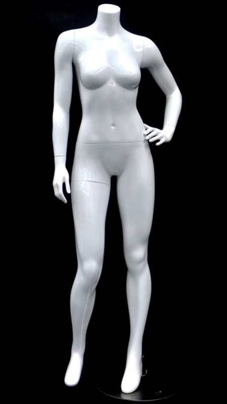 Petite glossy white headless female mannequin in a pose with hand on hip and bent leg, made of fiberglass with a metal base.