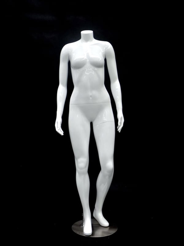 Petite glossy white headless female mannequin in a standing pose with a bent left leg made of fiberglass with a metal base.