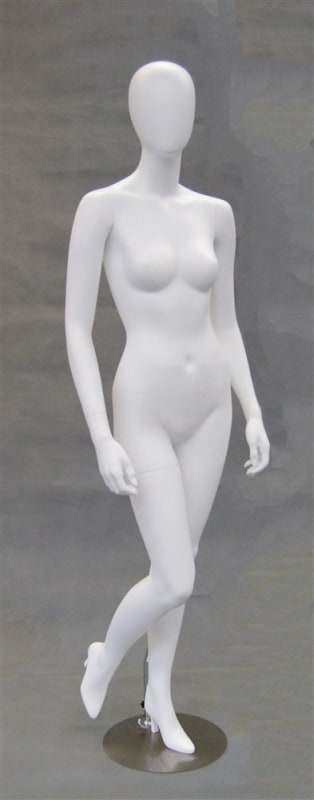 Egghead matte white female mannequin with right leg raised in modern display pose