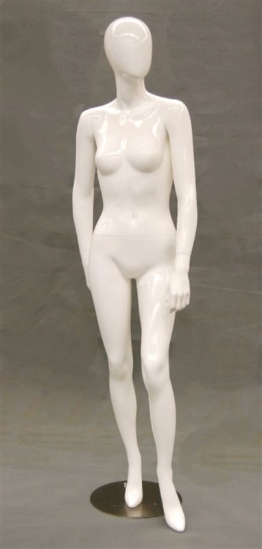 Egghead gloss white female mannequin featuring a left arm pose for fashion retail display