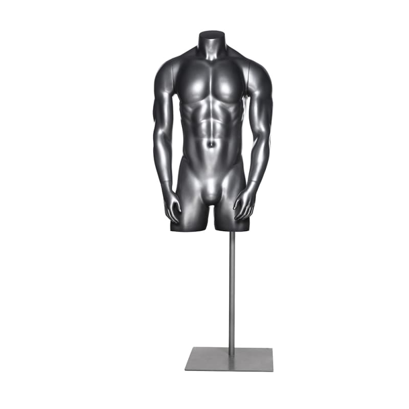Silver fiberglass 3/4 female torso display on a matching base for retail clothing presentations.