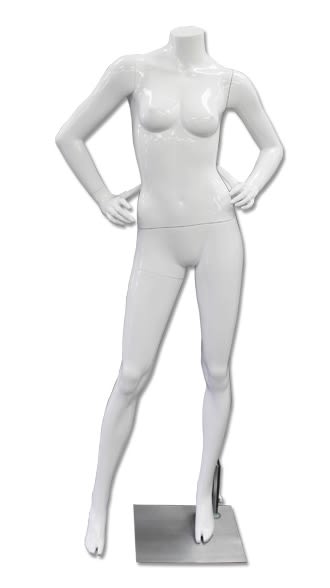 headless female mannequin with hands on hips in glossy white fiberglass finish headless female mannequin with hands on hips in glossy white fiberglass finish