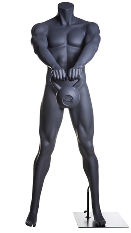 Headless grey male mannequin lifting kettlebell for fitness apparel and gym retail display