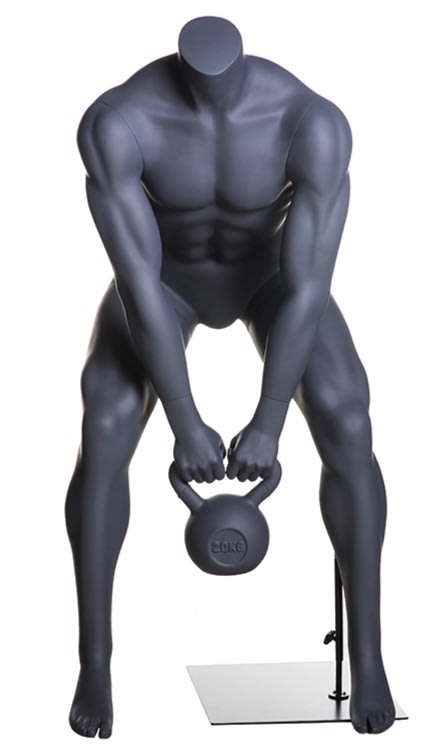 Headless grey male mannequin in kettlebell squatting pose for fitness apparel and gym retail display