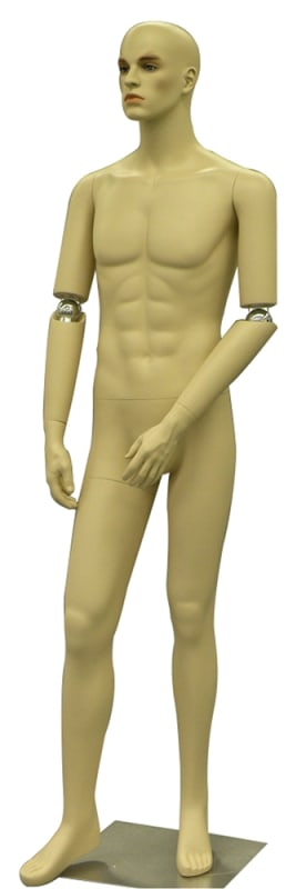 Fleshtone flexible male mannequin with adjustable arms at the elbows and a dual-rod support base for retail clothing display.