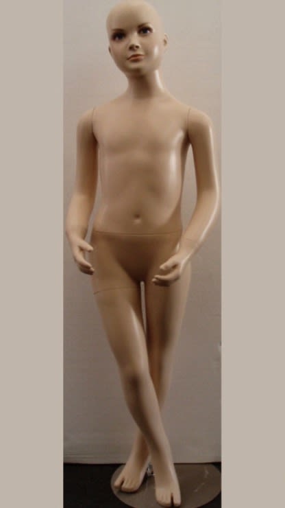 Realistic fiberglass child mannequin with round metal base and detachable arms for retail clothing display. Realistic fiberglass child mannequin with round metal base and detachable arms for retail clothing display.