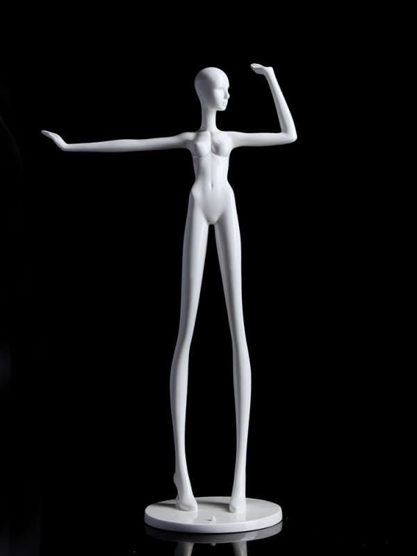 Glossy white fiberglass mini jewelry mannequin with arms raised and an integrated pedestal base for displaying necklaces and bracelets.