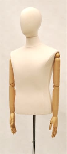 Male 3/4 torso dress form in white jersey featuring an egghead design and bendable arms on a customizable base.