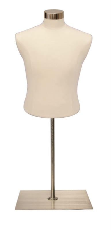 Male half torso shirt form covered in off-white jersey fabric with a brushed metal base for retail display. Male half torso shirt form covered in off-white jersey fabric with a brushed metal base for retail display.