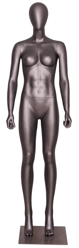 Athletic female mannequin in a matte gray fiberglass finish, holding weights in a standing pose on a square metal base.