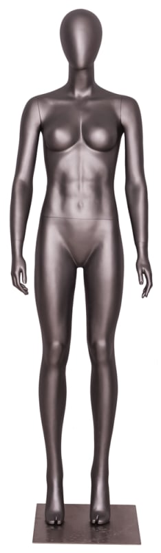 Athletic female egghead mannequin in a matte gray fiberglass finish, standing in a straight pose on a square metal base with dual supports.