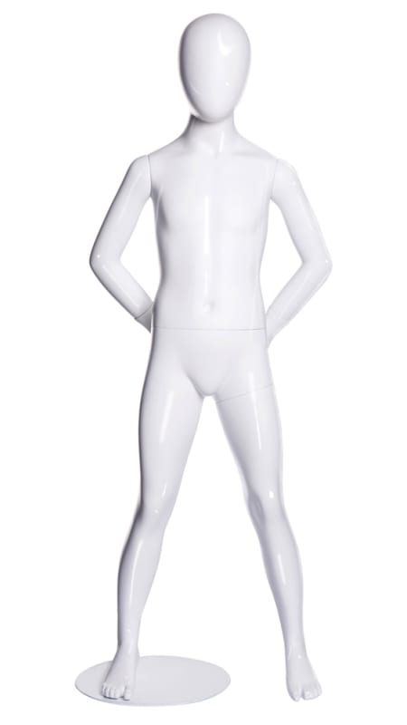 Egghead boy child mannequin in glossy white fiberglass with a wide-legged pose and arms behind back on a stable base.