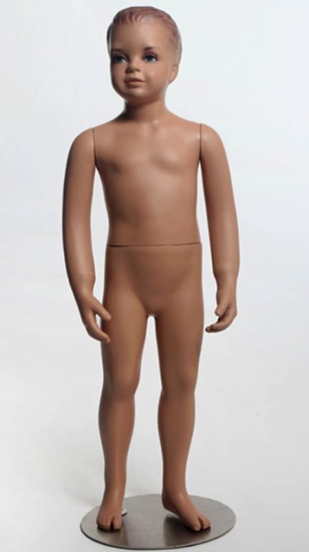 Realistic fiberglass child mannequin with molded hair featuring a round metal base and detachable arms.