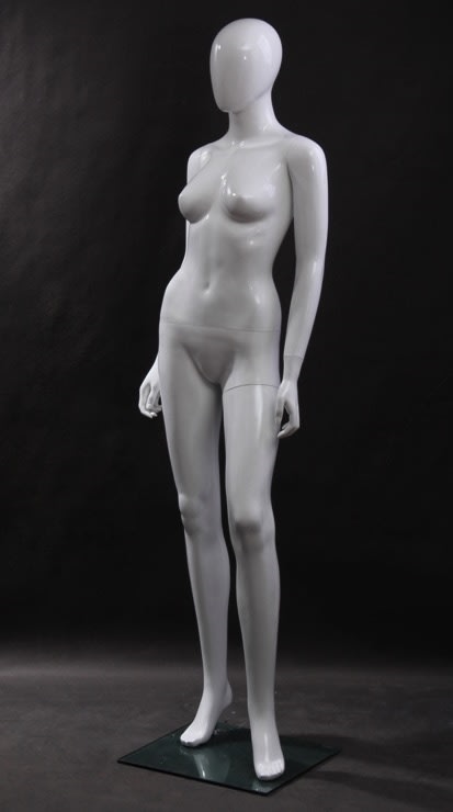 Female egghead mannequin in glossy white fiberglass with a straight standing pose and square metal base.