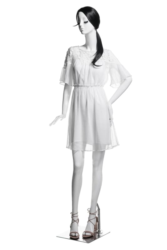 Female abstract mannequin in standing pose with bent arm, matte white fiberglass finish – ideal for fashion retail and boutique display