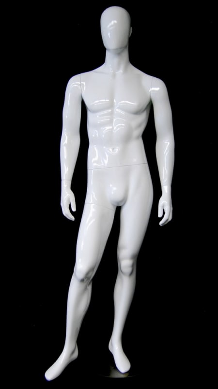 Muscular male egghead mannequin in glossy white fiberglass with abstract ears and a square metal base.