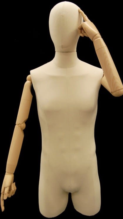 Male dress form in linen covered fabric with poseable beachwood colored plastic arms and a brushed steel metal base.