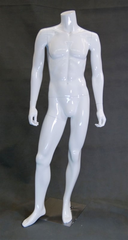 Glossy white headless male mannequin for modern retail clothing display Glossy white headless male mannequin for modern retail clothing display