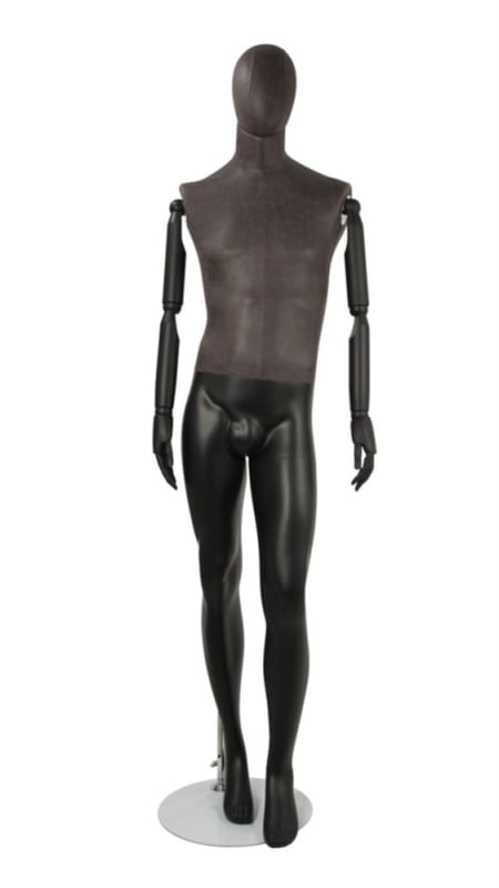 Matte black leather-like mixed fabric male mannequin with distressed leatherette accents, fiberglass body, removable head, and bendable black wooden arms