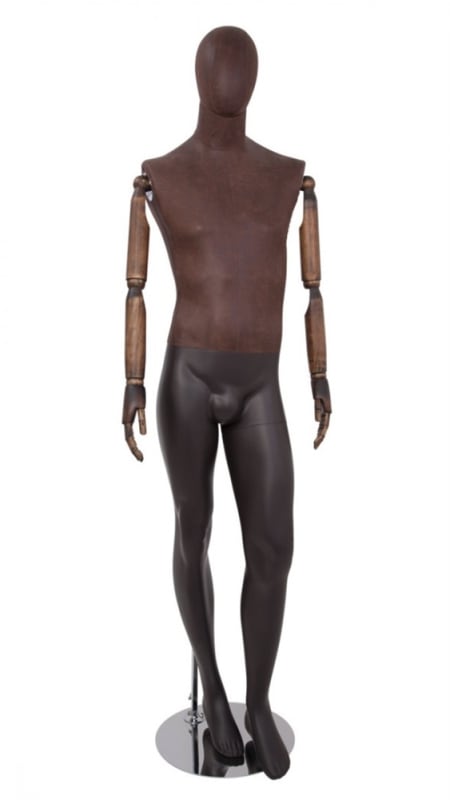 Brown leather-like mixed fabric male mannequin with distressed leatherette accents, fiberglass body, bendable brown wooden arms, and bent leg pose