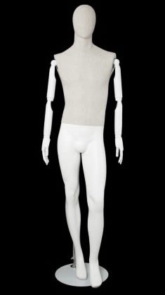 Linen mixed fabric male mannequin with matte white fiberglass body, bendable wooden arms, and bent right leg pose