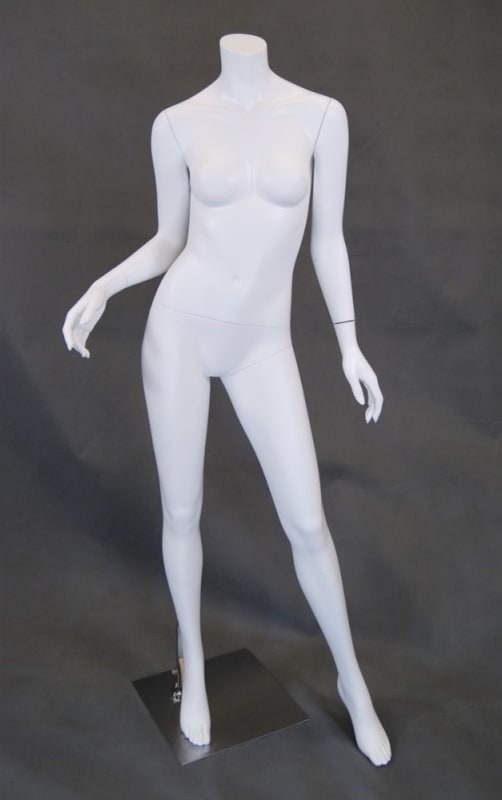 Headless matte white fiberglass female mannequin with arms bent at elbows and a round chrome base for fashion display. Headless matte white fiberglass female mannequin with arms bent at elbows and a round chrome base for fashion display.