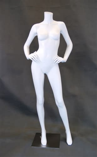 Glossy white headless female mannequin in a standing pose with bent elbows on a chrome base with ankle and foot support rods.