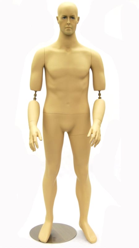 Flexible arms male mannequin in a flesh tone finish with a tempered glass base and dual support rods for retail or museum display.