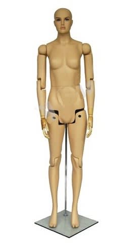 Fully posable female mannequin in fiberglass for flexible retail clothing display and merchandising
