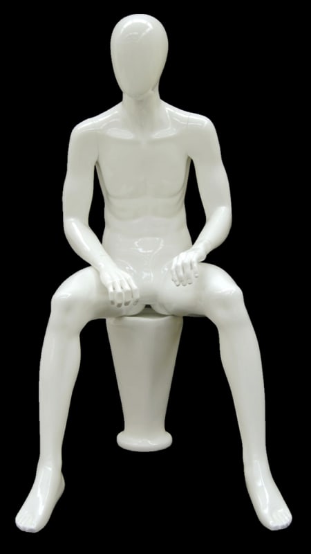 Egghead glossy white male sitting mannequin for retail clothing display and fashion merchandising