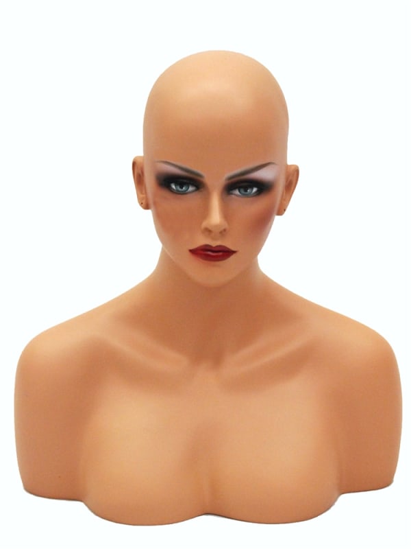 Mindy tan fiberglass female display head with full makeup, pierced ears, and shoulder base for jewelry and hat merchandising.