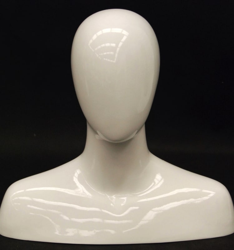 Male Display Head in Glossy White.  Has an egghead and shoulders.  Perfect for displaying hats and scarves.