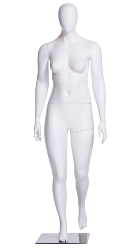 Walking plus size female mannequin in matte white fiberglass with egghead design on a metal base.