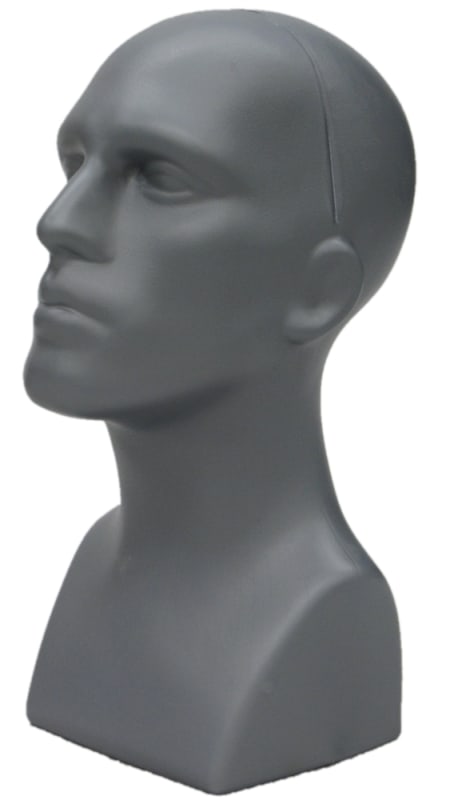 Lightweight grey plastic male display head for retail accessories display