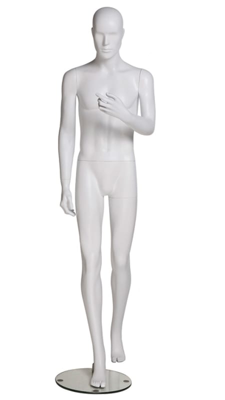 Abstract male mannequin in a matte white fiberglass finish holding a cell phone prop on a stable glass base.