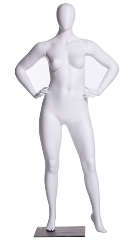Plus size female mannequin in matte white fiberglass with an egghead design and hands-on-hips pose on a brushed metal square base.