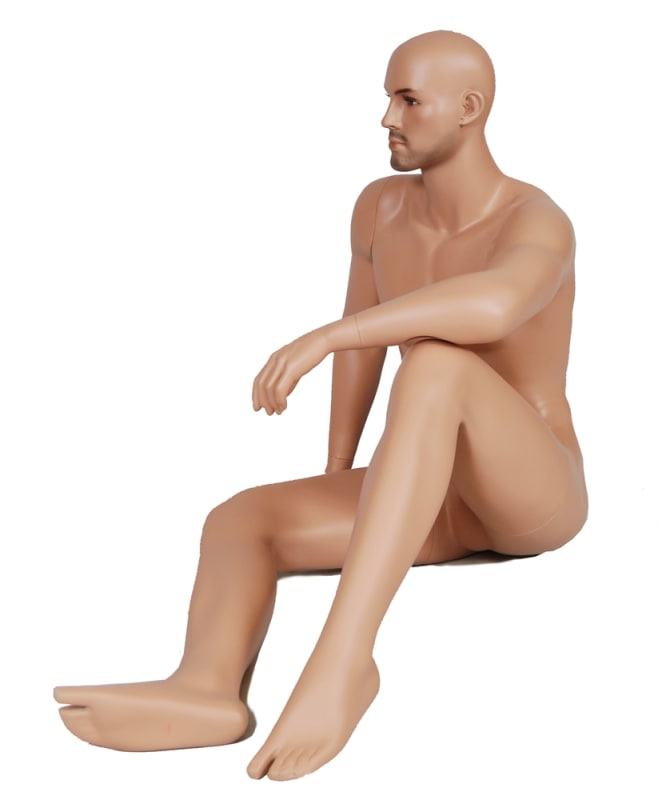 Manny male sitting mannequin in white fiberglass with a sleek, casual pose and no base required.