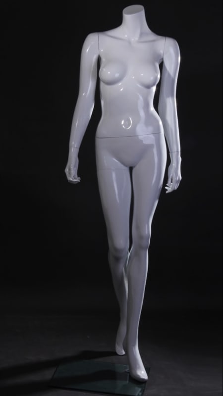 Elegant Rose female mannequin made of flesh-tone fiberglass with a tempered glass base and detachable limbs for retail clothing displays.