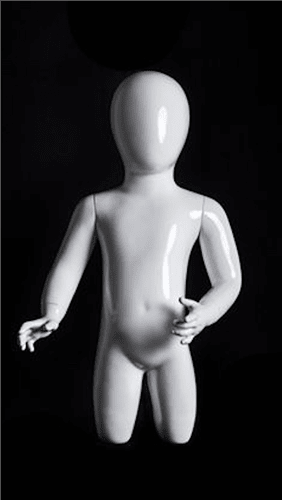 Glossy white toddler mannequin with abstract egghead in a kneeling pose for retail display.