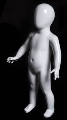 Glossy white toddler mannequin with abstract egghead and glass base in a standing pose for retail clothing display.