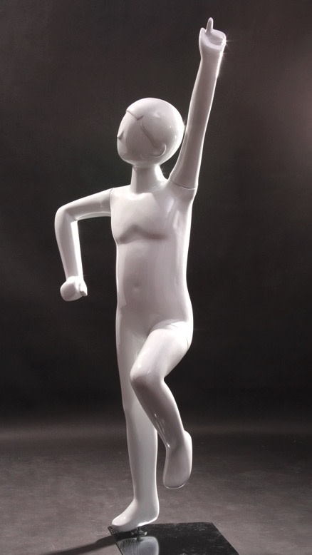 Abstract child mannequin in glossy white fiberglass featuring a standing pose with one arm raised and a round metal base. Abstract child mannequin in glossy white fiberglass featuring a standing pose with one arm raised and a round metal base.