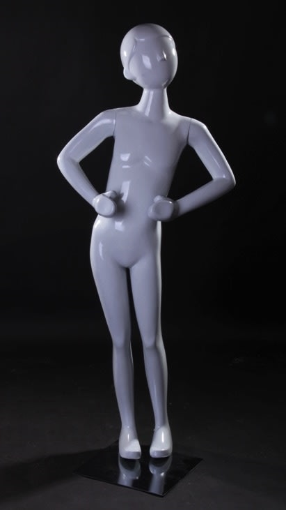 Glossy white fiberglass standing female mannequin with detachable arms and a stable base for retail clothing display.
