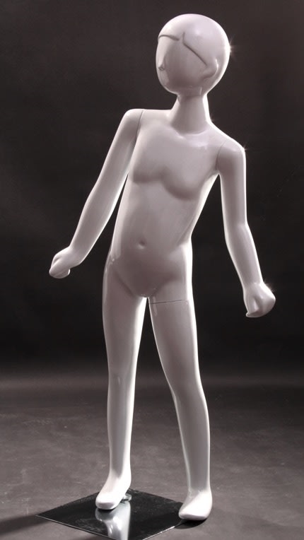 Glossy white fiberglass child mannequin in a spirited pose for retail clothing displays. Glossy white fiberglass child mannequin in a spirited pose for retail clothing displays.