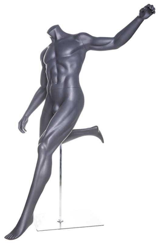 Headless matte gray soccer mannequin in kicking pose for athletic apparel and sports retail display