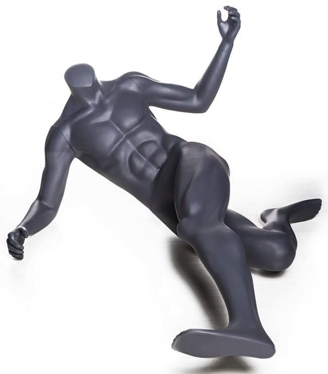 Headless matte gray soccer mannequin in lying kick pose for sports apparel and athletic retail display