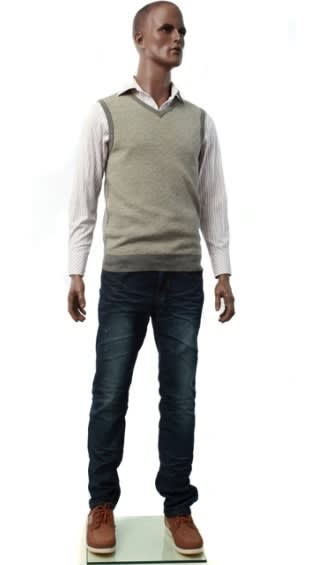 Male African American fiberglass mannequin with chocolate skin tone and chiseled features standing on a chrome base.
