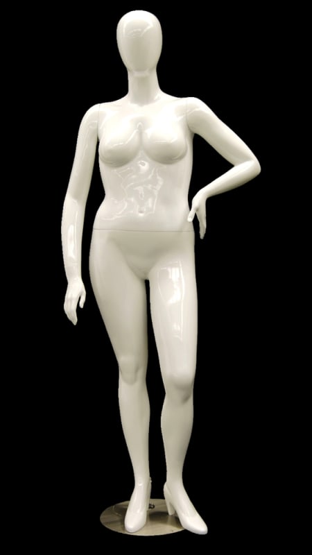 Plus size Nancy female mannequin with abstract egg head in a white finish, standing on a round glass base.