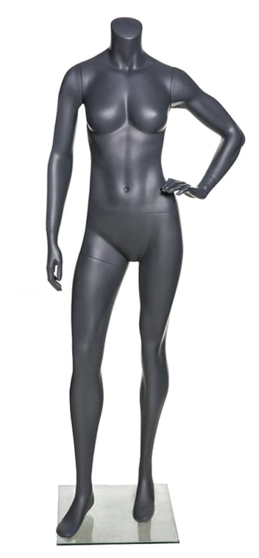 Grey headless athletic female mannequin with hand on hip pose for sportswear and activewear retail display