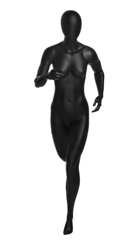 Athletic running female mannequin in matte black finish for sportswear and activewear retail display